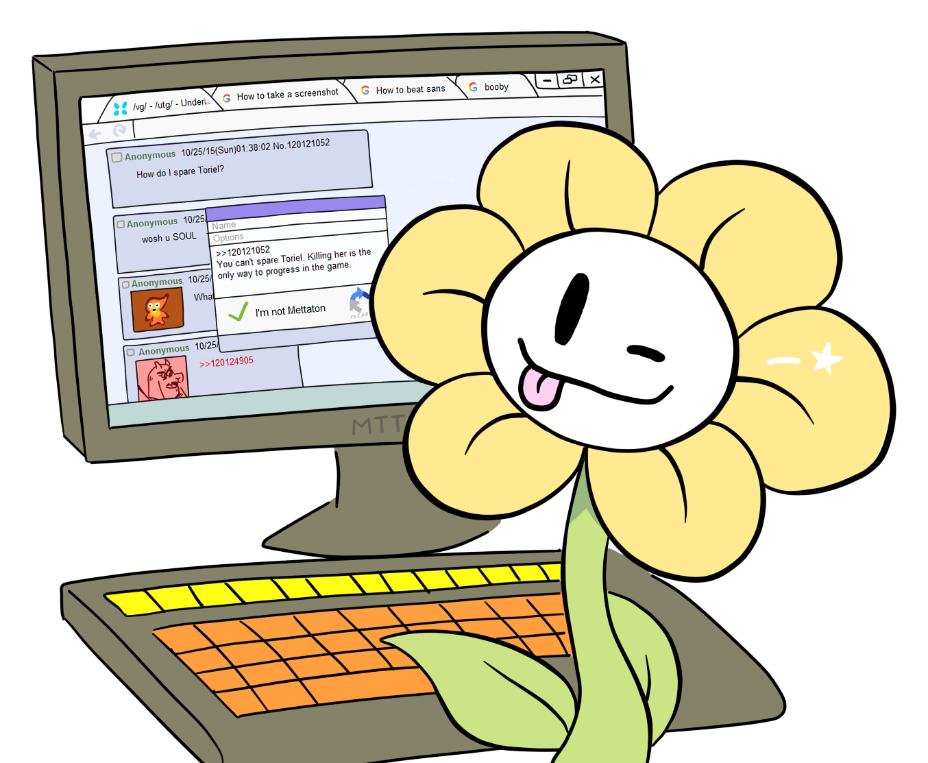 Flowey from Undertale looking at a computer monitor in disgust, saying "Sicko!"