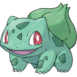 Art of a Bulbasaur, a blue Pokemon with 4 stubby legs and a green flower bud on its back